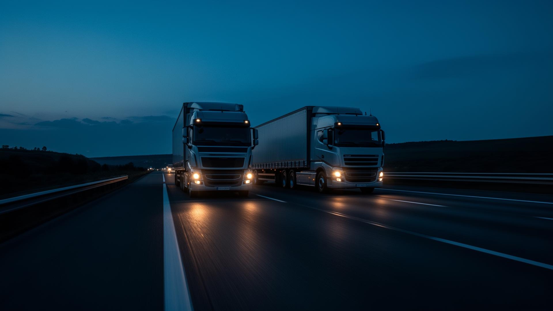 Vrachtwagens op de snelweg bij blauwe uur